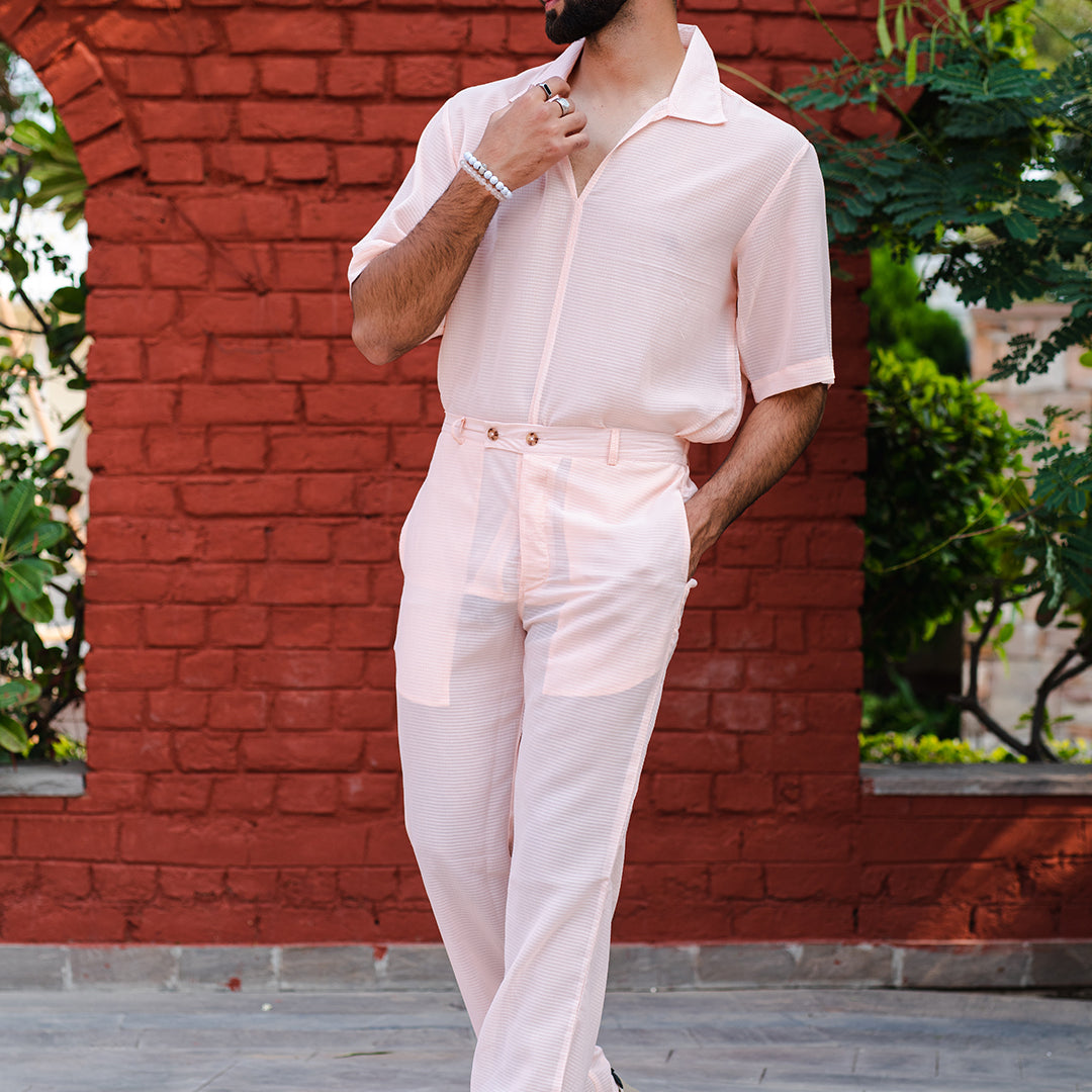 Peach Popcorn Textured Half Sleeves Shirt With Pant Co-ord Set