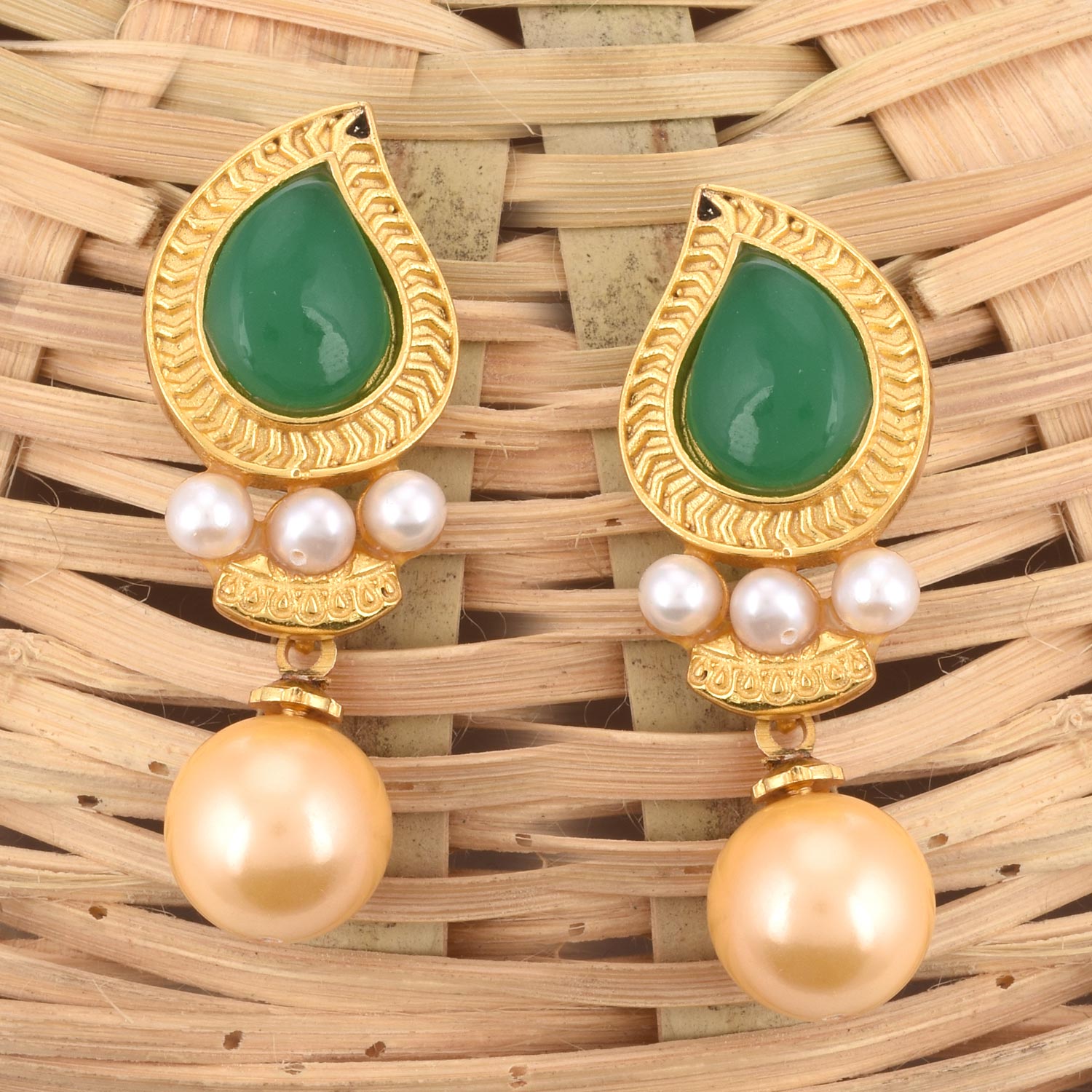 Leafy Designer Pearls and Colored Stones Dangle Drop Earring