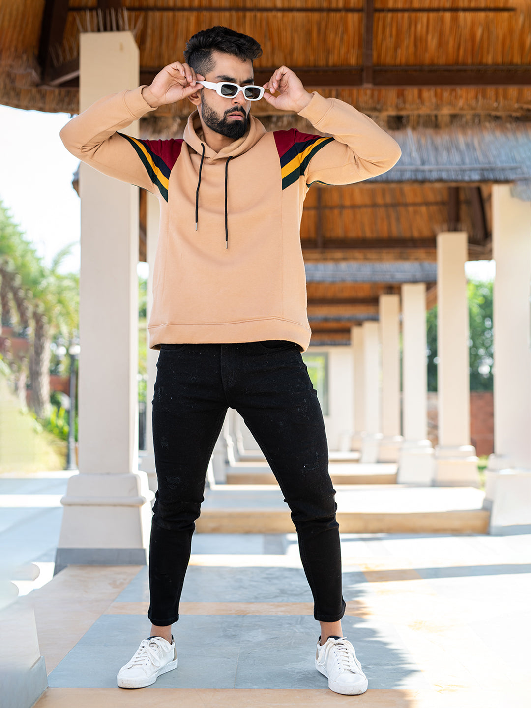 Beige Directional Print Hoodie