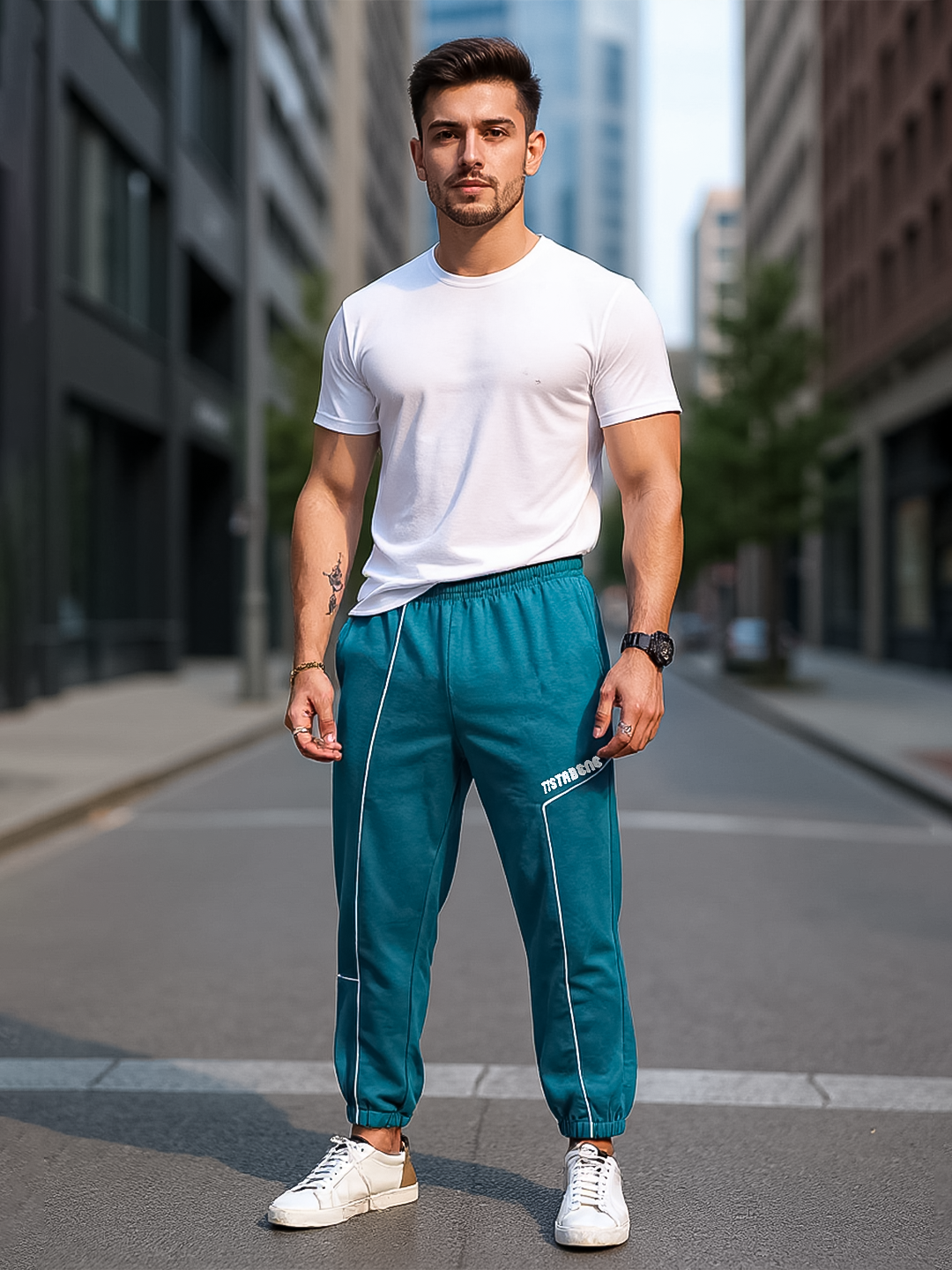 Teal Blue Tistabene Printed Cotton Joggers