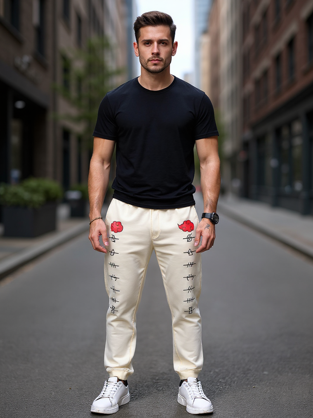 Cream Anime Akatsuki Cloud Printed Cotton Joggers