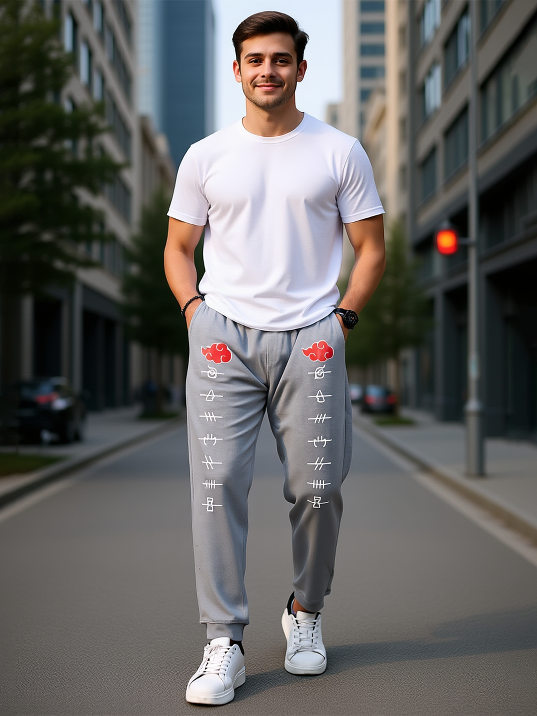 Grey Anime Akatsuki Cloud Printed Cotton Joggers