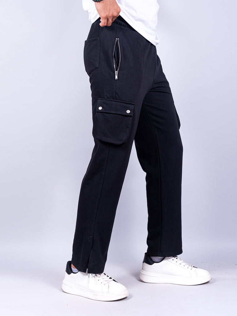 Black Boot Cut Straight Cargo Joggers - Tistabene
