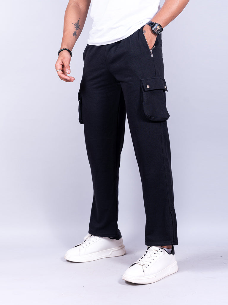Black Boot Cut Straight Cargo Joggers - Tistabene