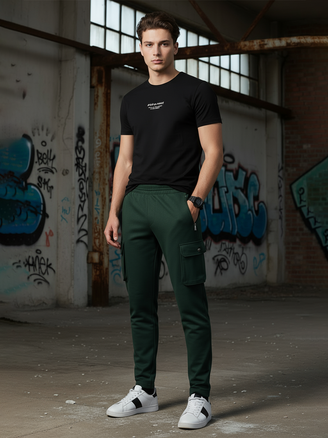 Bottle Green Boot Cut Straight Cargo Track Pants