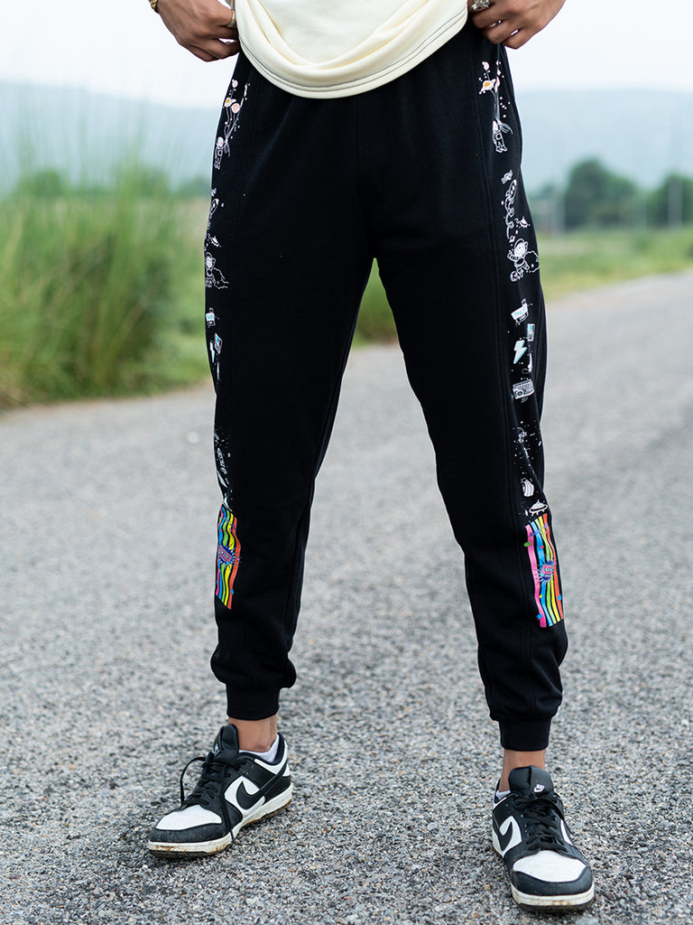 Black Space Printed Cotton Joggers - Tistabene