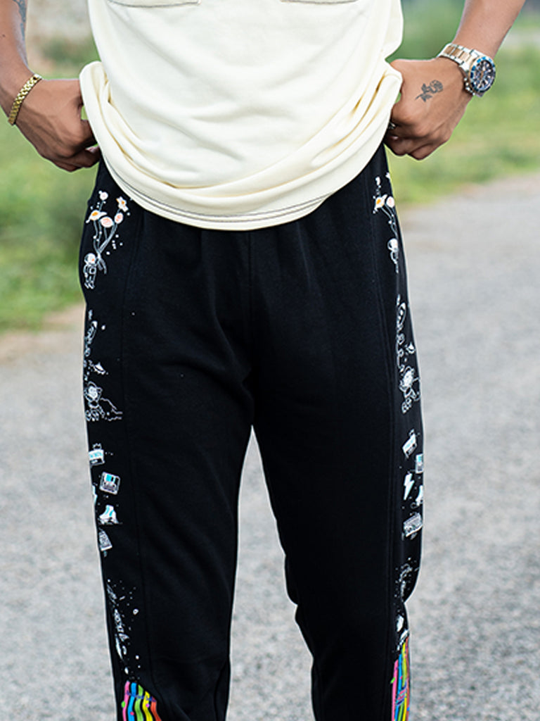 Black Space Printed Cotton Joggers - Tistabene