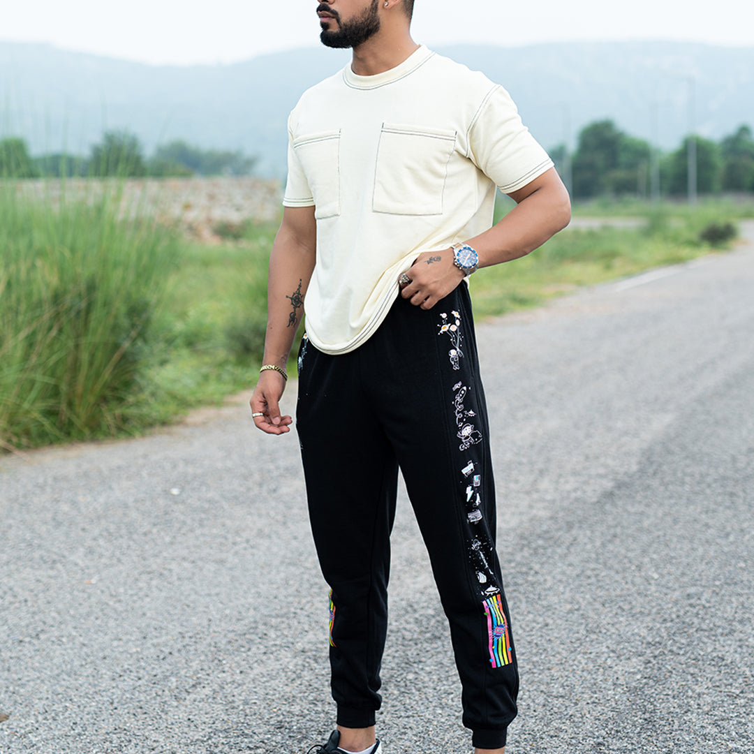 Black Space Printed Cotton Joggers