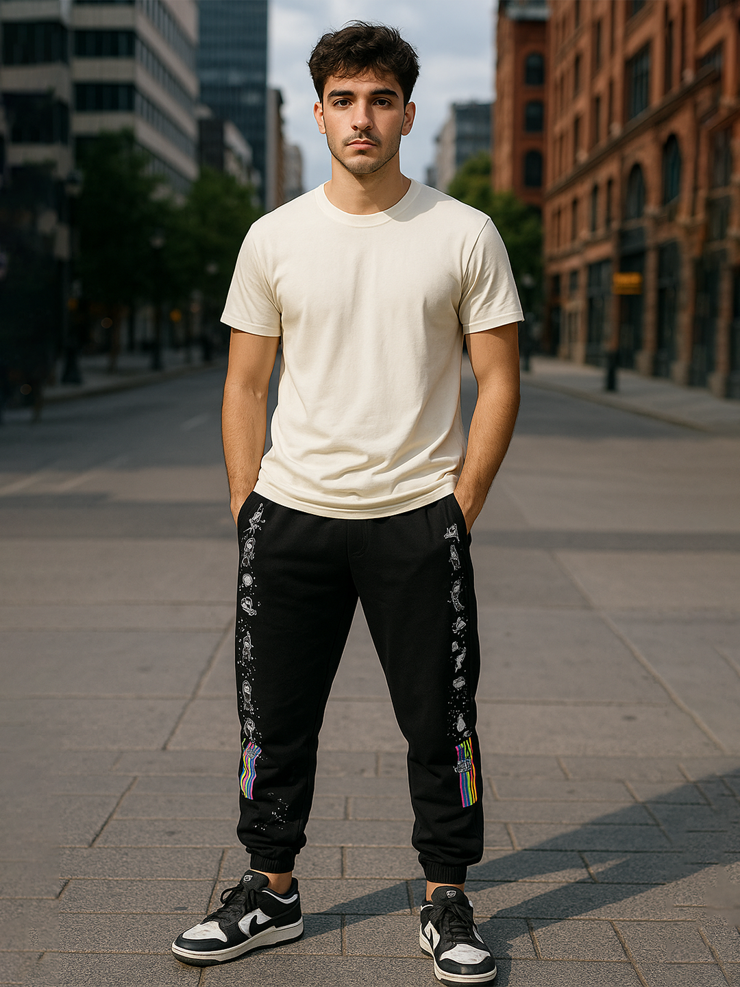 Black Space Printed Cotton Joggers For Men