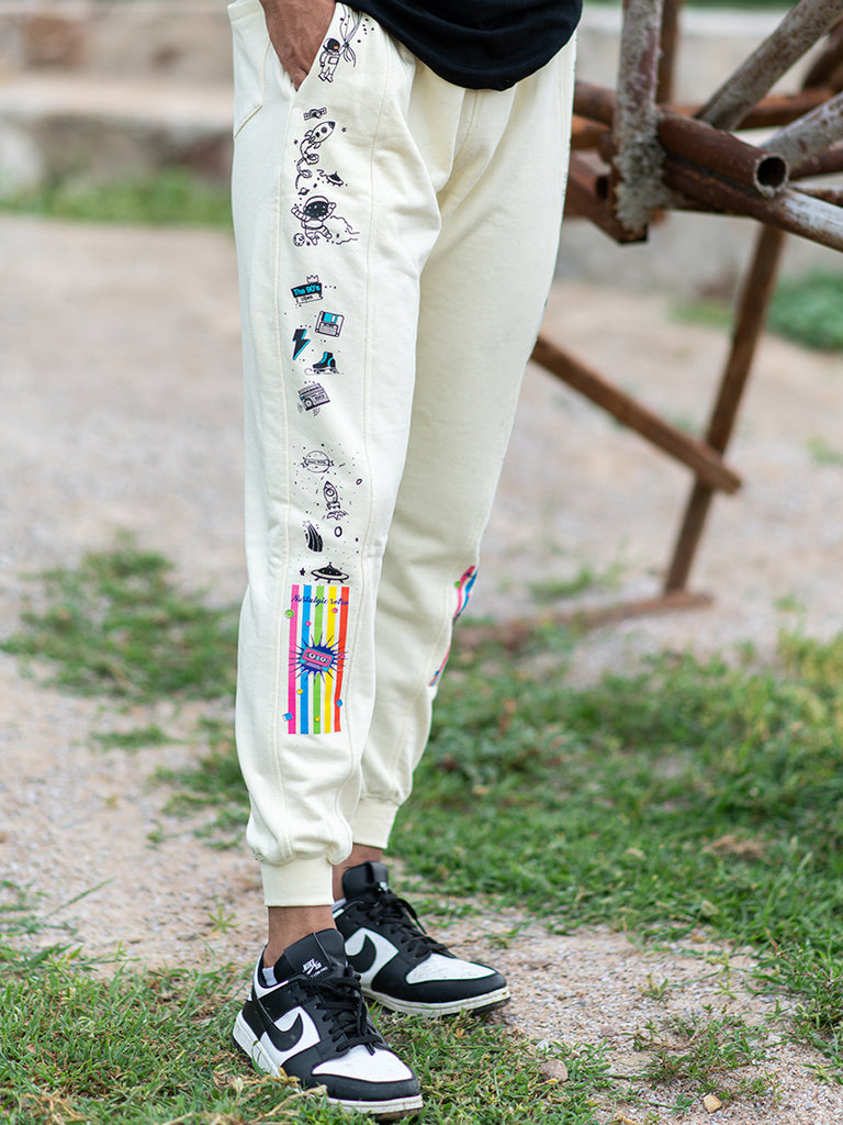 Cream Space Printed Cotton Joggers - Tistabene
