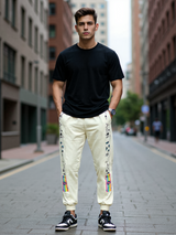 Cream Space Printed Cotton Joggers