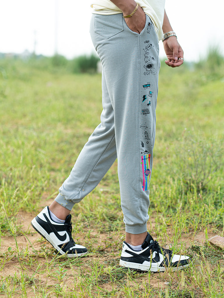 Grey Space Printed Cotton Joggers - Tistabene