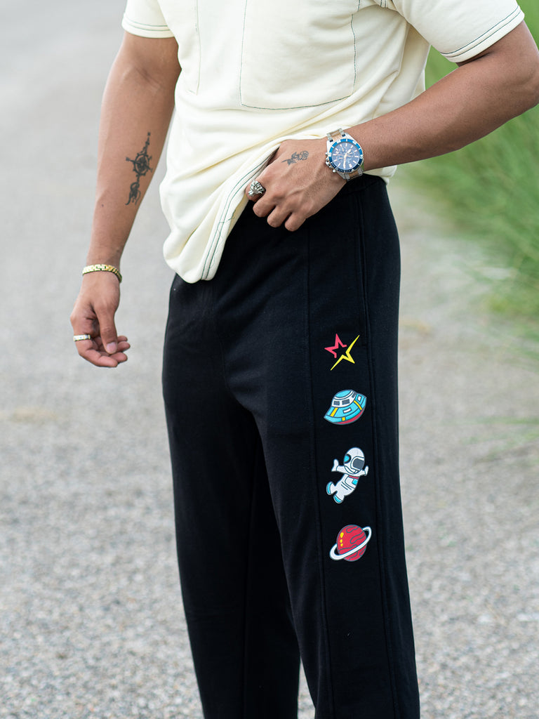 Black Spaceman & Star Printed Cotton Joggers - Tistabene