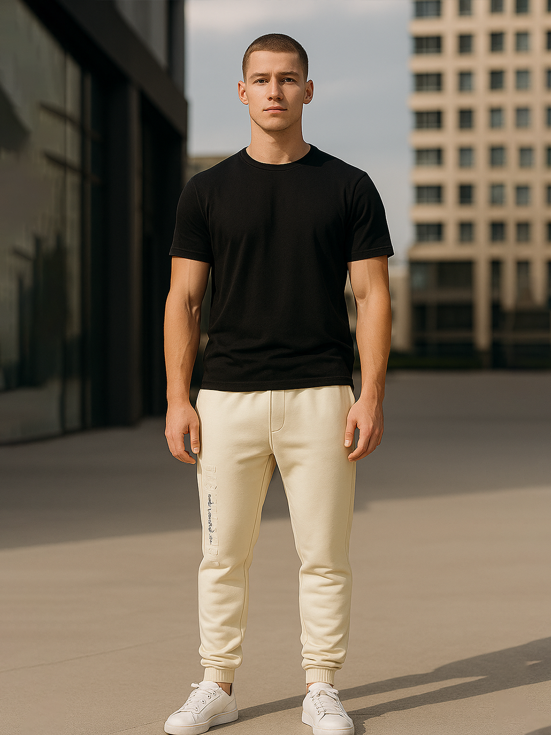 Cream Tistabene Printed Cotton Joggers For Men