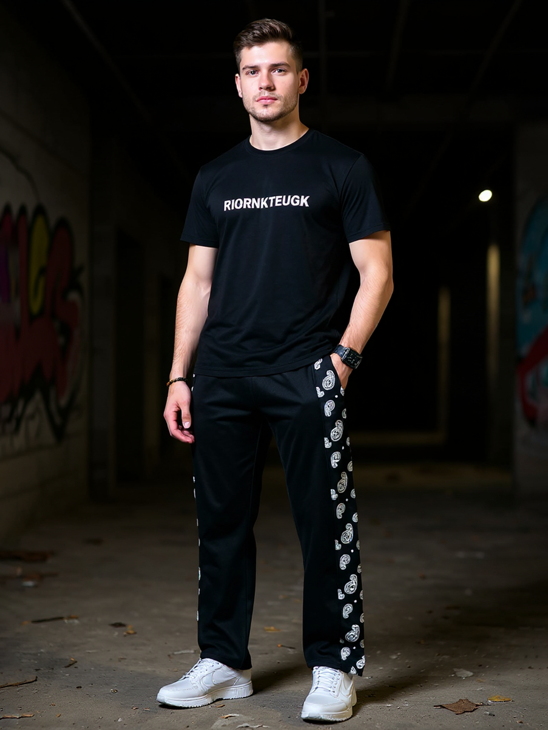Black Paisley Printed Track Pants For Men