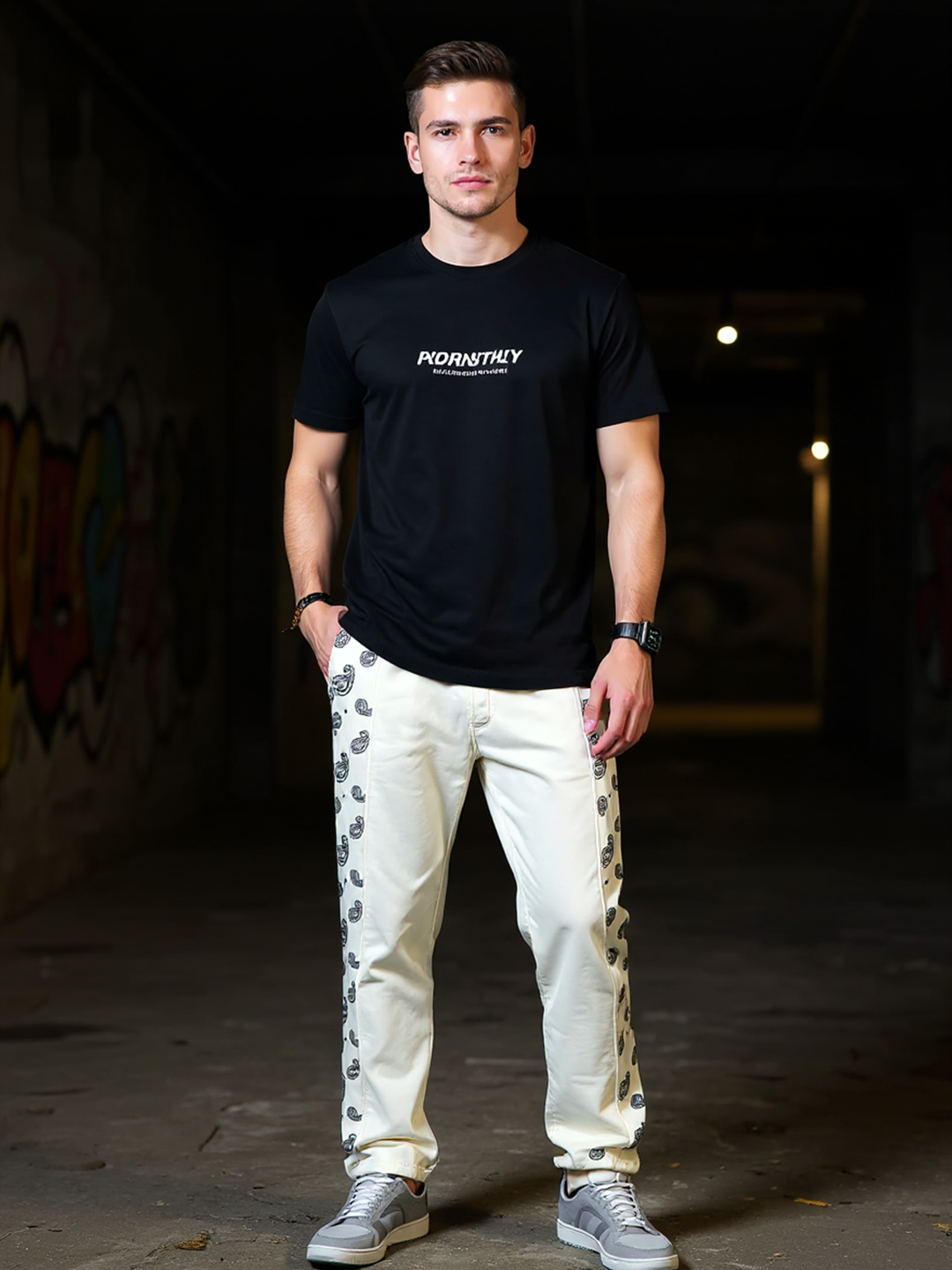Cream Paisley Printed Track Pants For Men