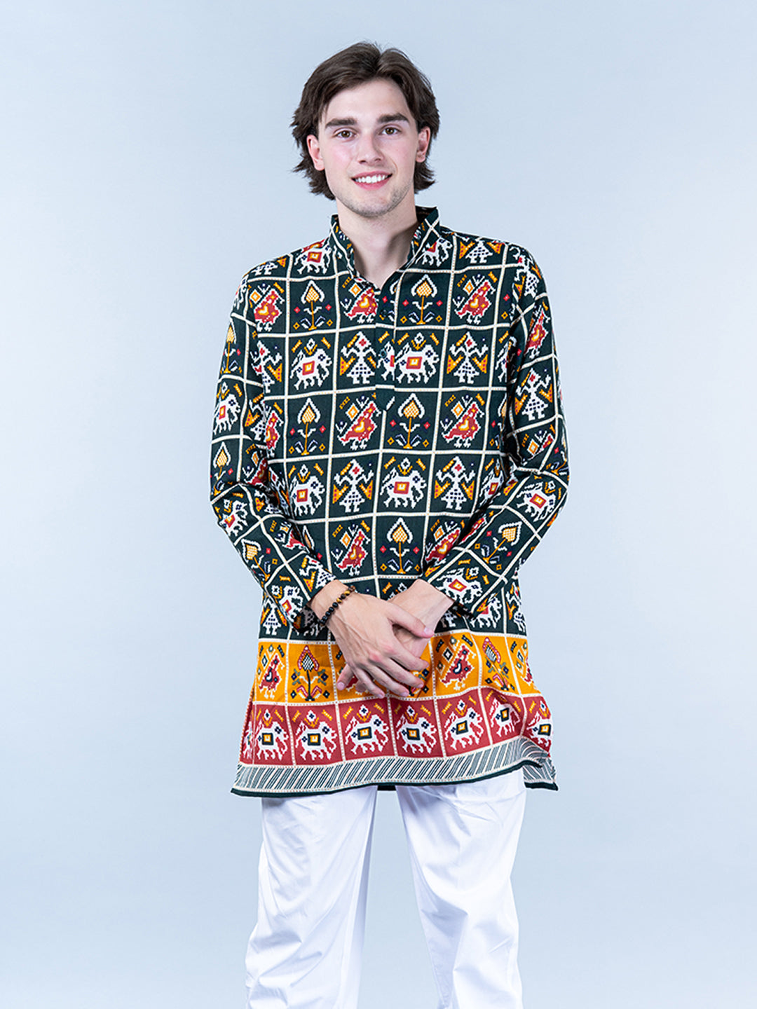 Buy Multi Rajasthani Printed Cotton Mens Short Kurta Online
