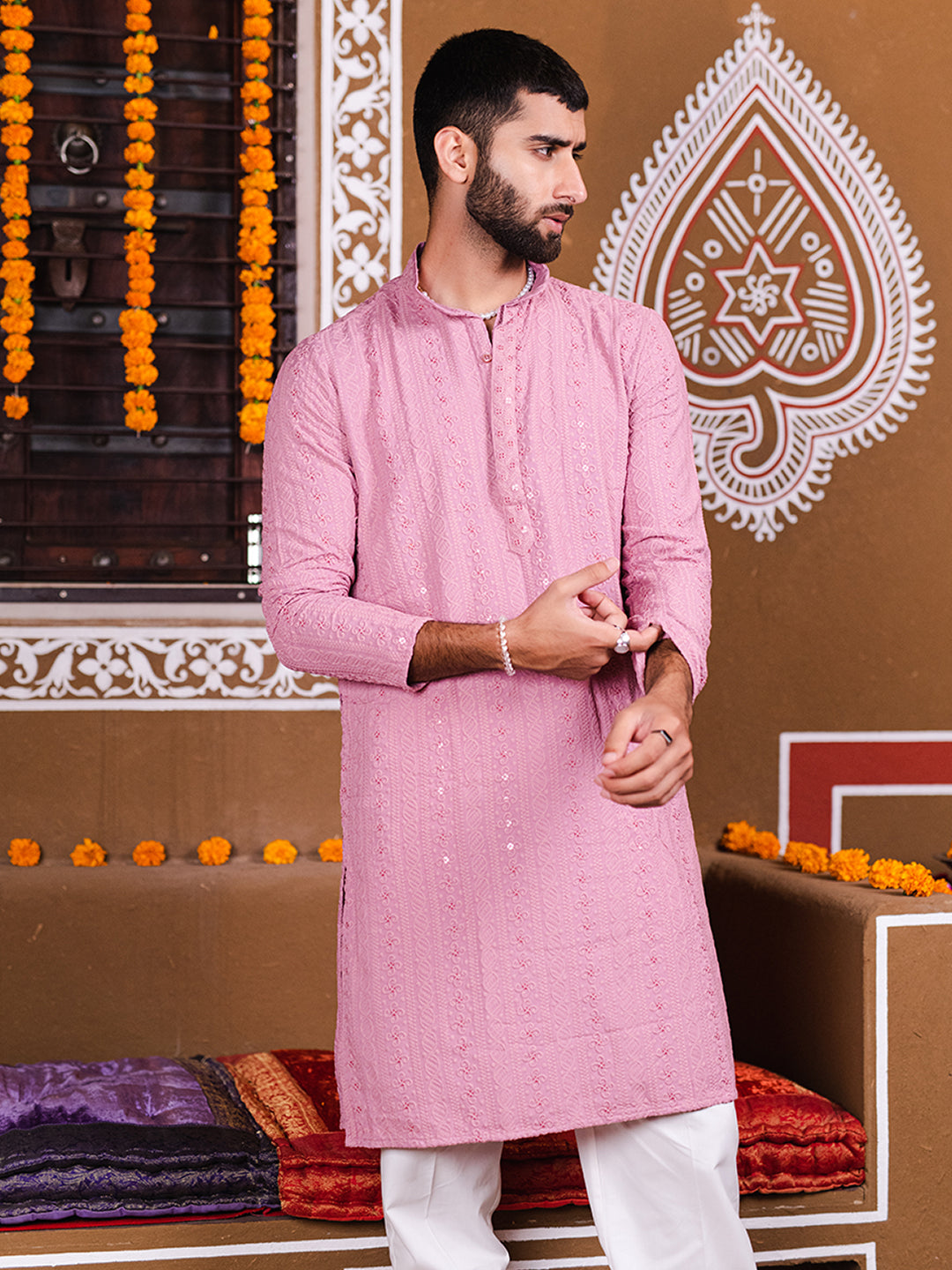 Buy Dusty Rose Chikankari Embroidered Men's Kurta online
