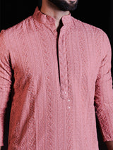 Dark Peach Chikankari Embroidered Cotton Men's Kurta