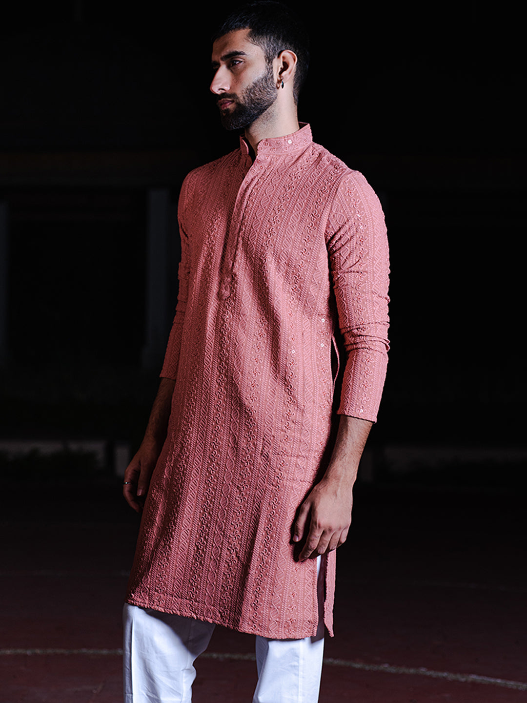 Dark Peach Chikankari Embroidered Cotton Men's Kurta