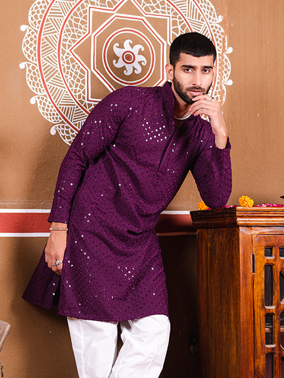 Buy Inddus Mens Navy Blue Rayon Ethnic Motifs Embroidered Chikankari Kurta  with Trouser Set (XX-Large - Fully Stitched) at Amazon.in