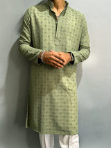 Sage Green Chikankari Embroidered Cotton Men's Kurta