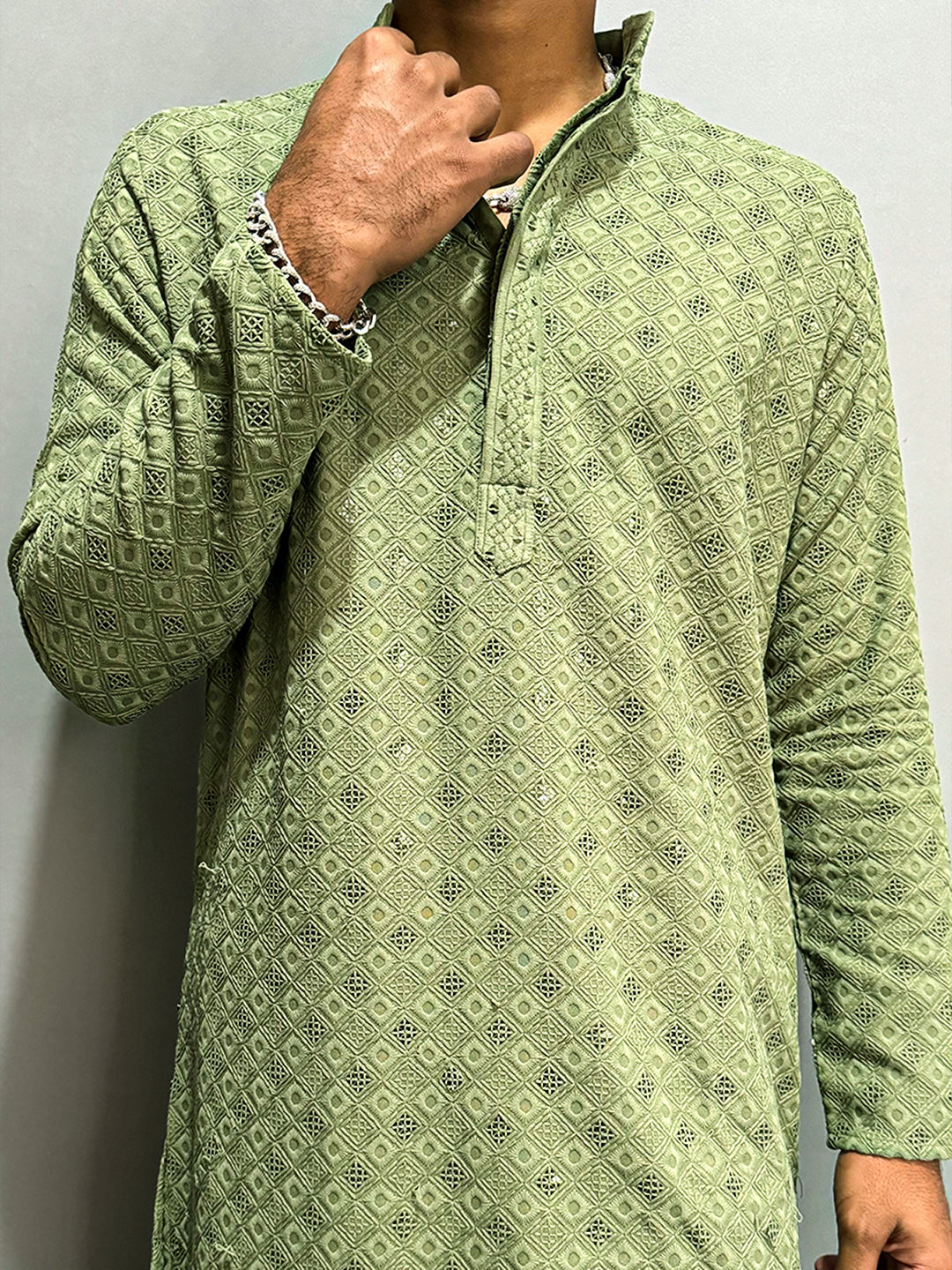 Sage Green Chikankari Embroidered Cotton Men's Kurta