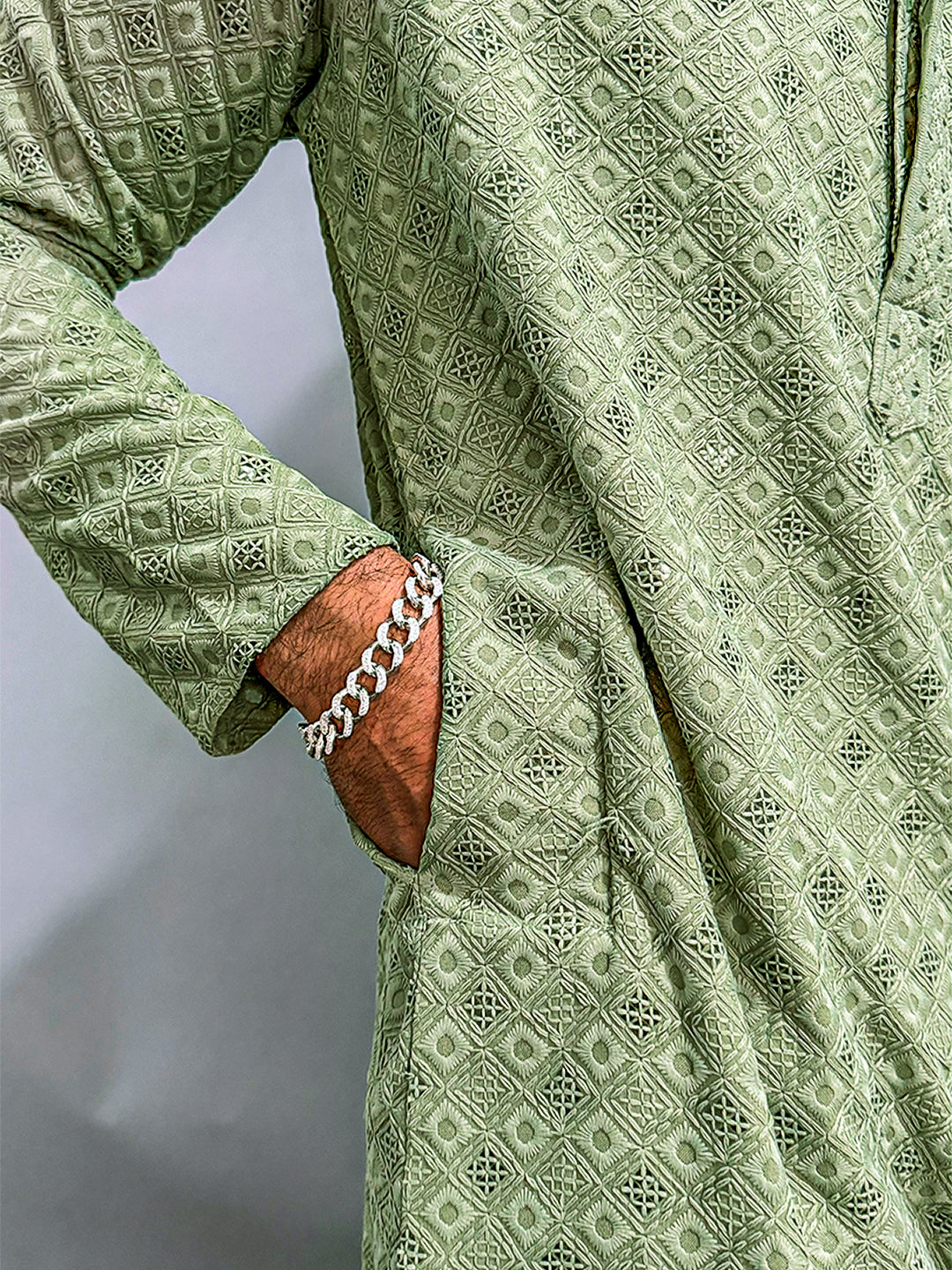 Sage Green Chikankari Embroidered Cotton Men's Kurta