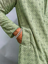 Sage Green Chikankari Embroidered Cotton Men's Kurta
