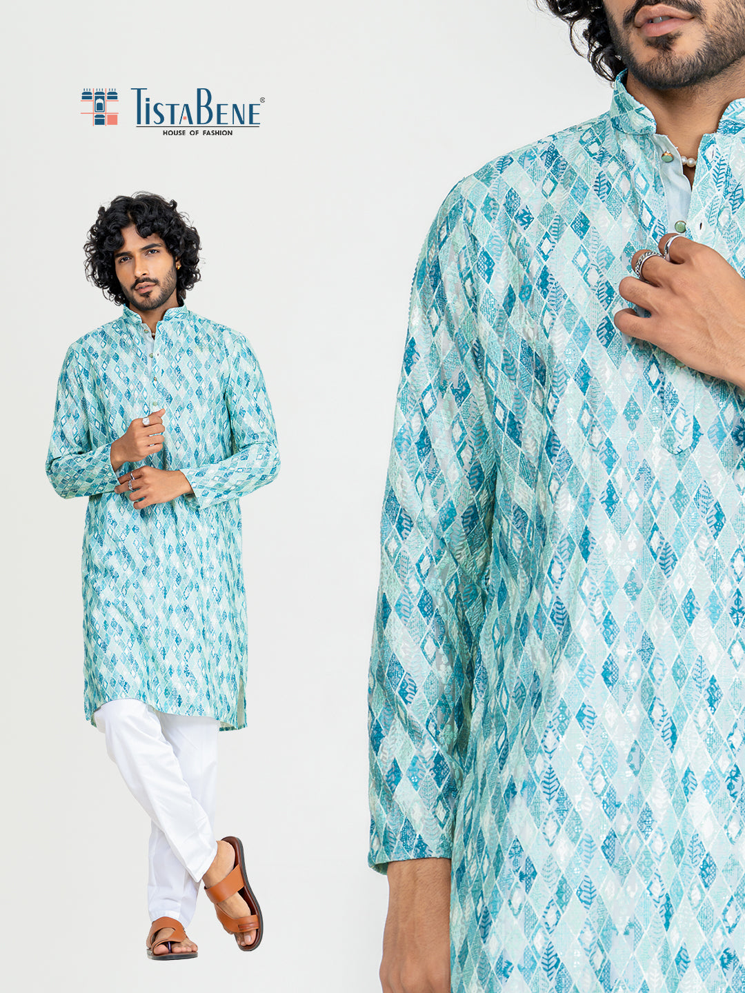 Green Diamond Pattern Embroidered Kurta For Men