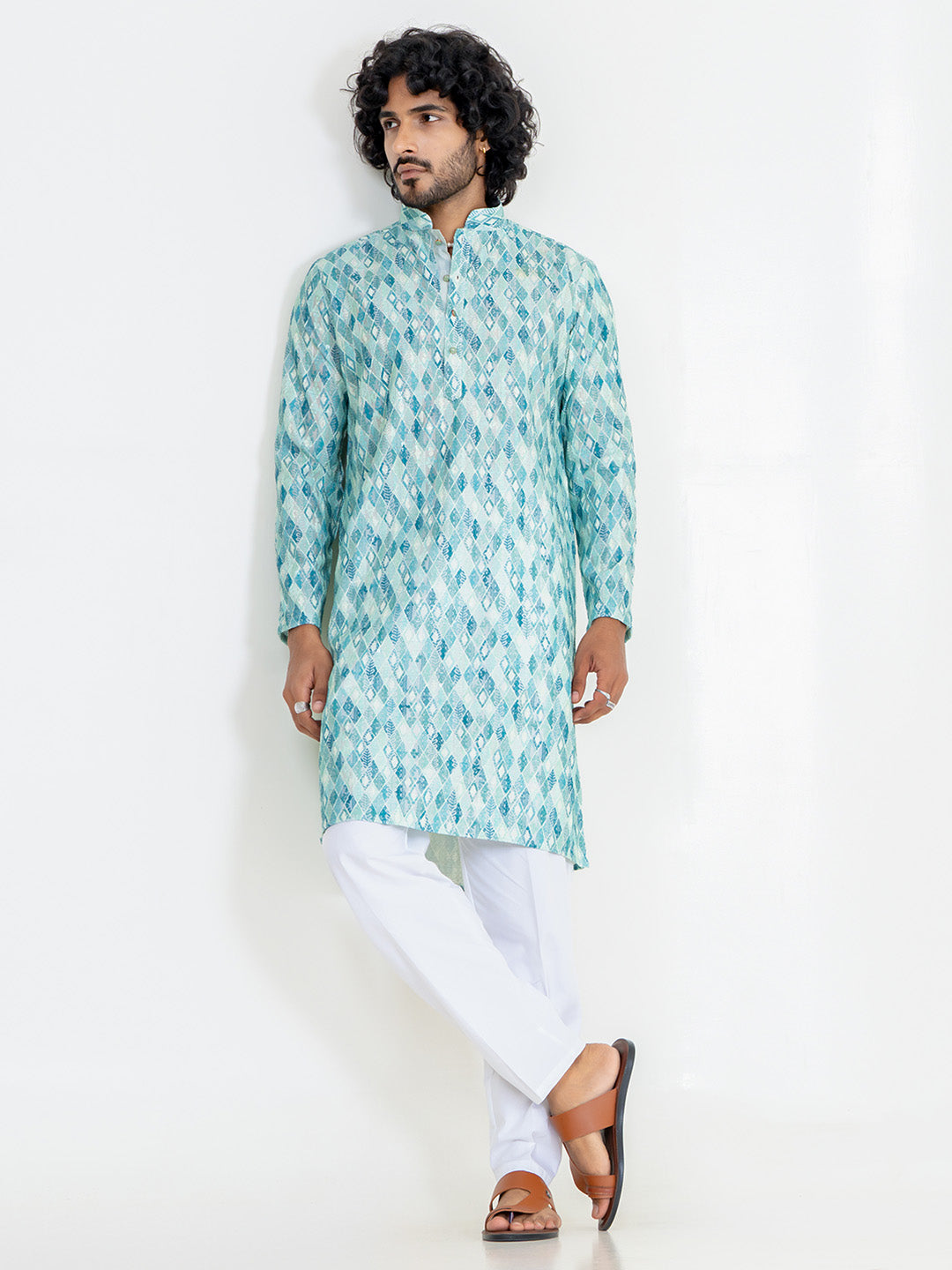 Green Diamond Pattern Embroidered Kurta For Men
