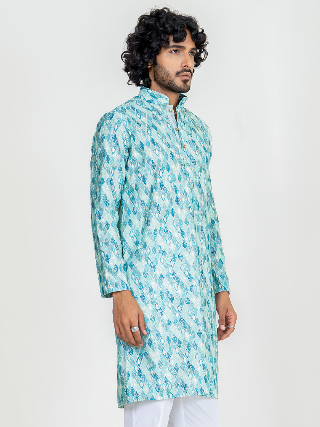 Green Diamond Pattern Embroidered Kurta For Men