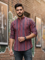 Red Geometric Sanganeri Printed Short Kurta