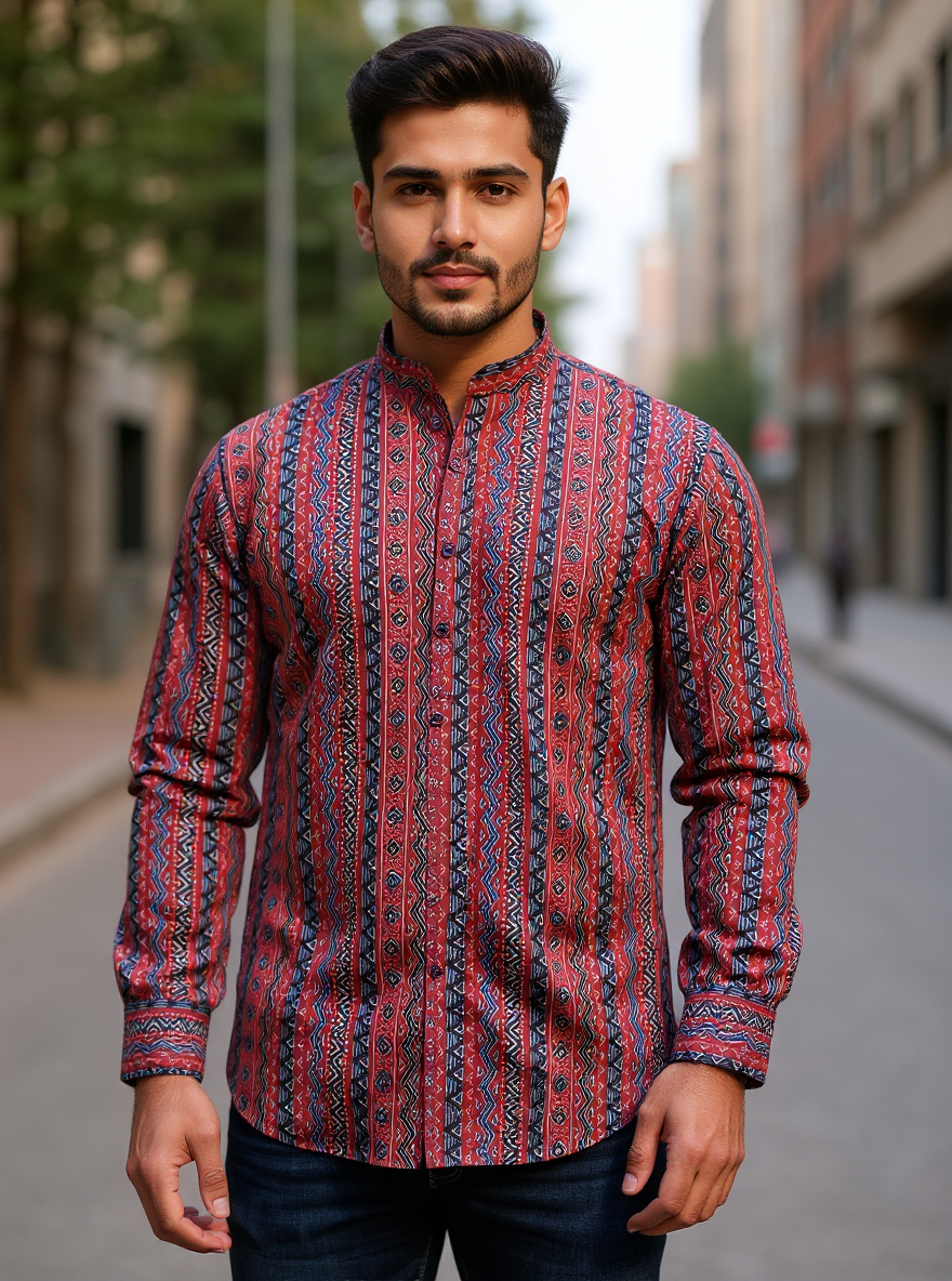 Red Geometric Sanganeri Printed Short Kurta
