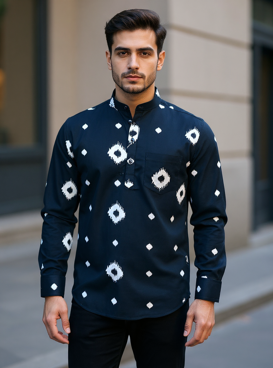 Black Sanganeri Ikat Printed Short Kurta