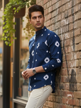 Navy Blue Sanganeri Ikat Printed Short Kurta