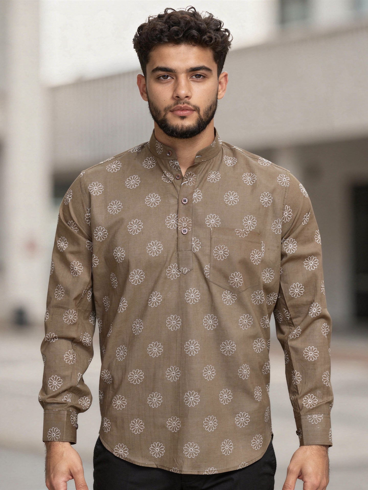 Brown Sanganeri Buti Printed Short Kurta