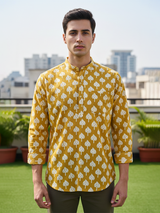 Mustered Buti Sanganeri Printed Short Kurta