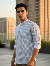 Off White Geometric Sanganeri Printed Short Kurta