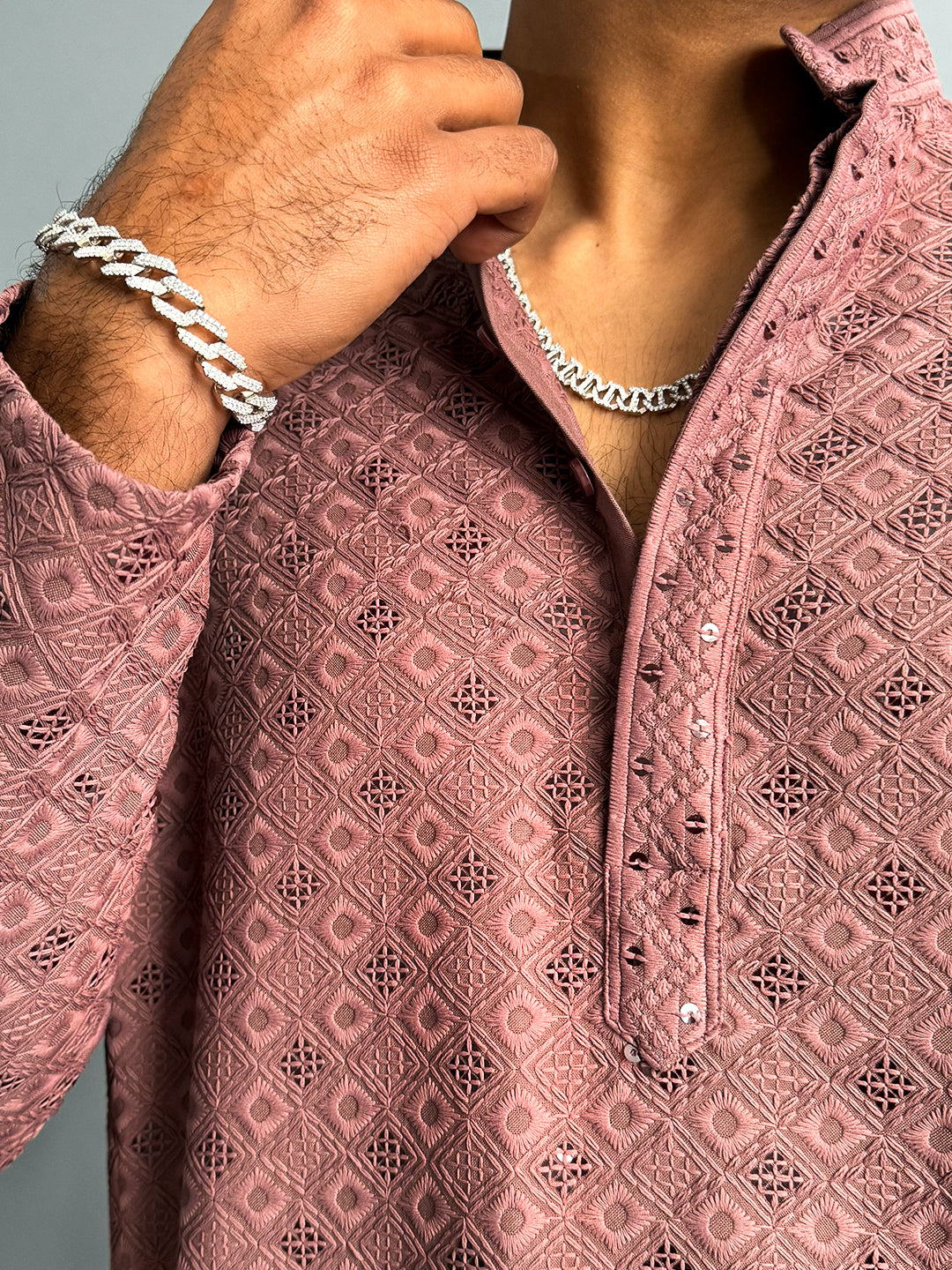 Dusky Orchid Chikankari Embroidered Cotton Men's Kurta