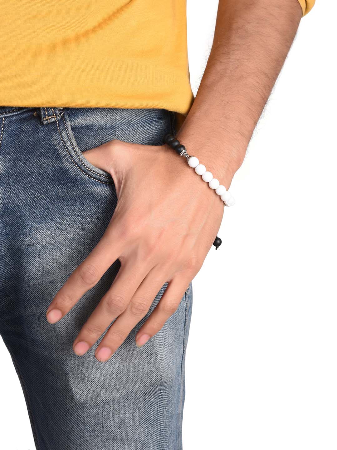 Classic Black and White Colored Stones Adjustable Mens Bracelet