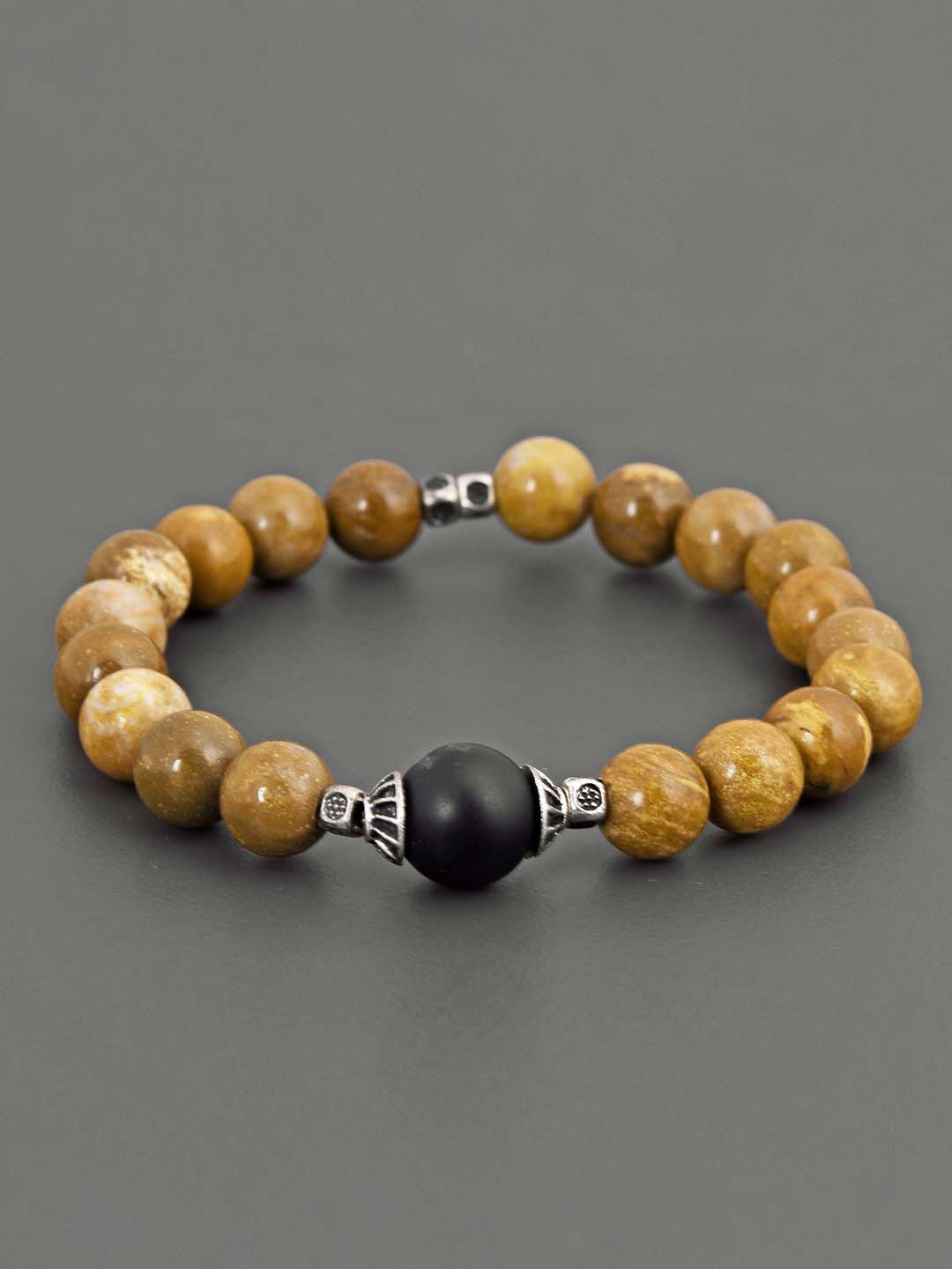 Brown Colored Stones and Oxidised Silvery Metal Adjustable Men's Bracelet