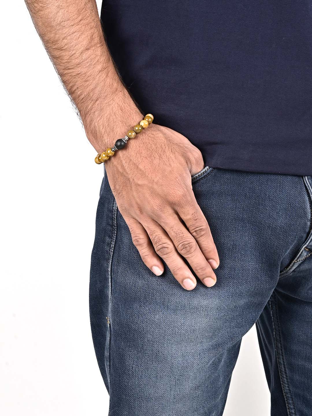 Brown Colored Stones and Oxidised Silvery Metal Adjustable Men's Bracelet