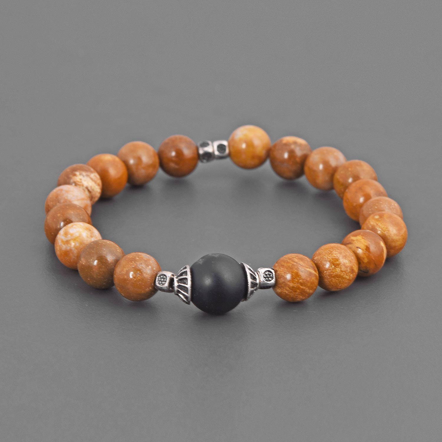 Brown Colored Stones and Oxidised Silvery Metal Adjustable Men's Bracelet