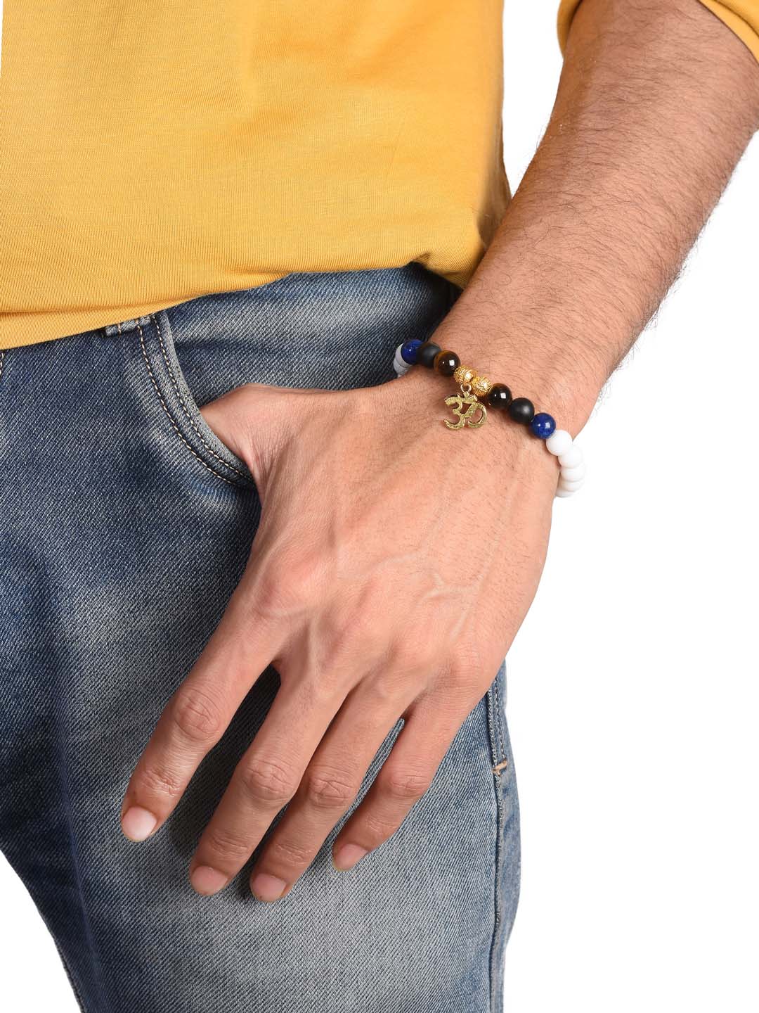 Omkar and Multi Colored Stones Adjustable Men's Bracelet