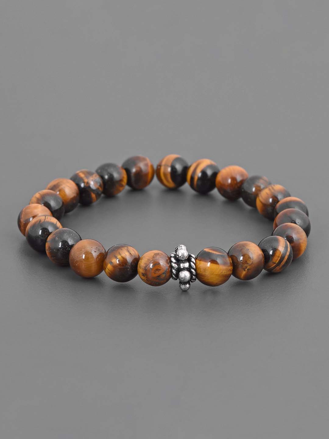 Ethnic Brown Colored Stones and Oxidised Silver Adjustable Mens Bracelet