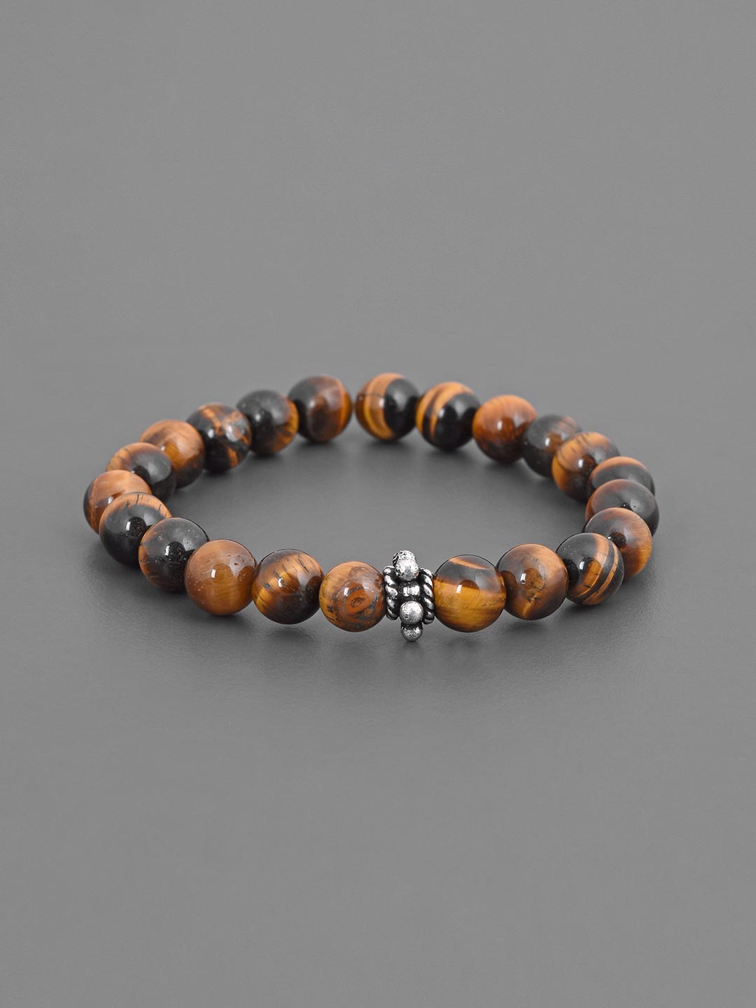 Ethnic Brown Colored Stones and Oxidised Silver Adjustable Mens Bracelet