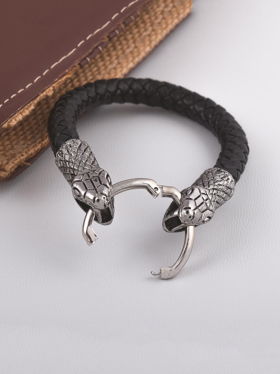 Cobra Oxidized Design Black Band Mens Bracelet