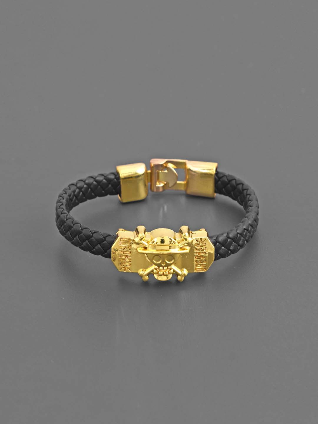 Biker Style Golden Skull Design Black Band Mens Bracelet