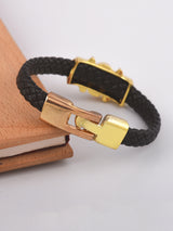 Biker Style Golden Skull Design Black Band Mens Bracelet